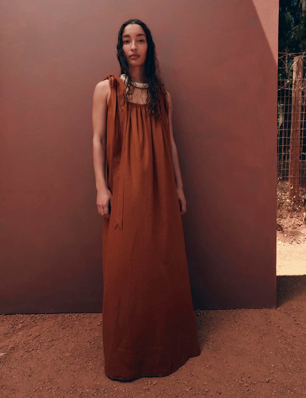 Marks & Spencer M&S Linen Rich Tie Bow Maxi Beach Dress Brandy