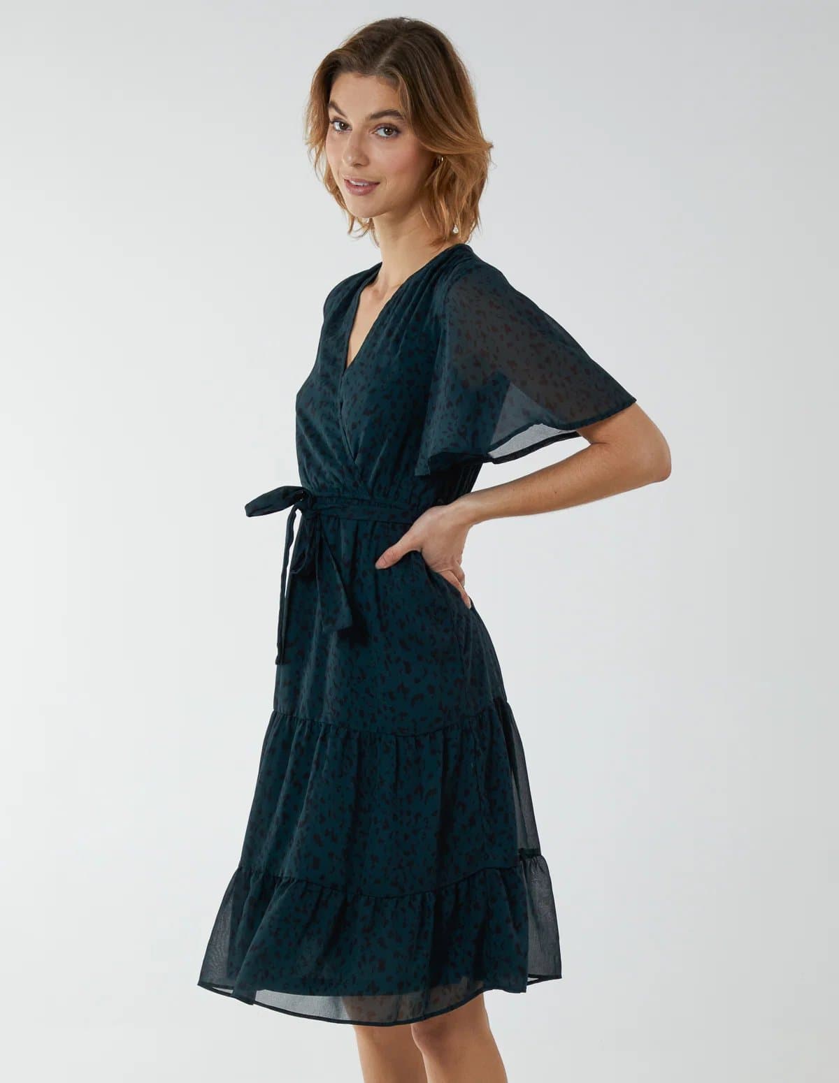Blue Vanilla Flutter Sleeve Leopard Wrap Front Belted Dress