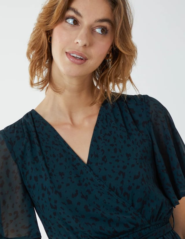 Blue Vanilla Flutter Sleeve Leopard Wrap Front Belted Dress - 2