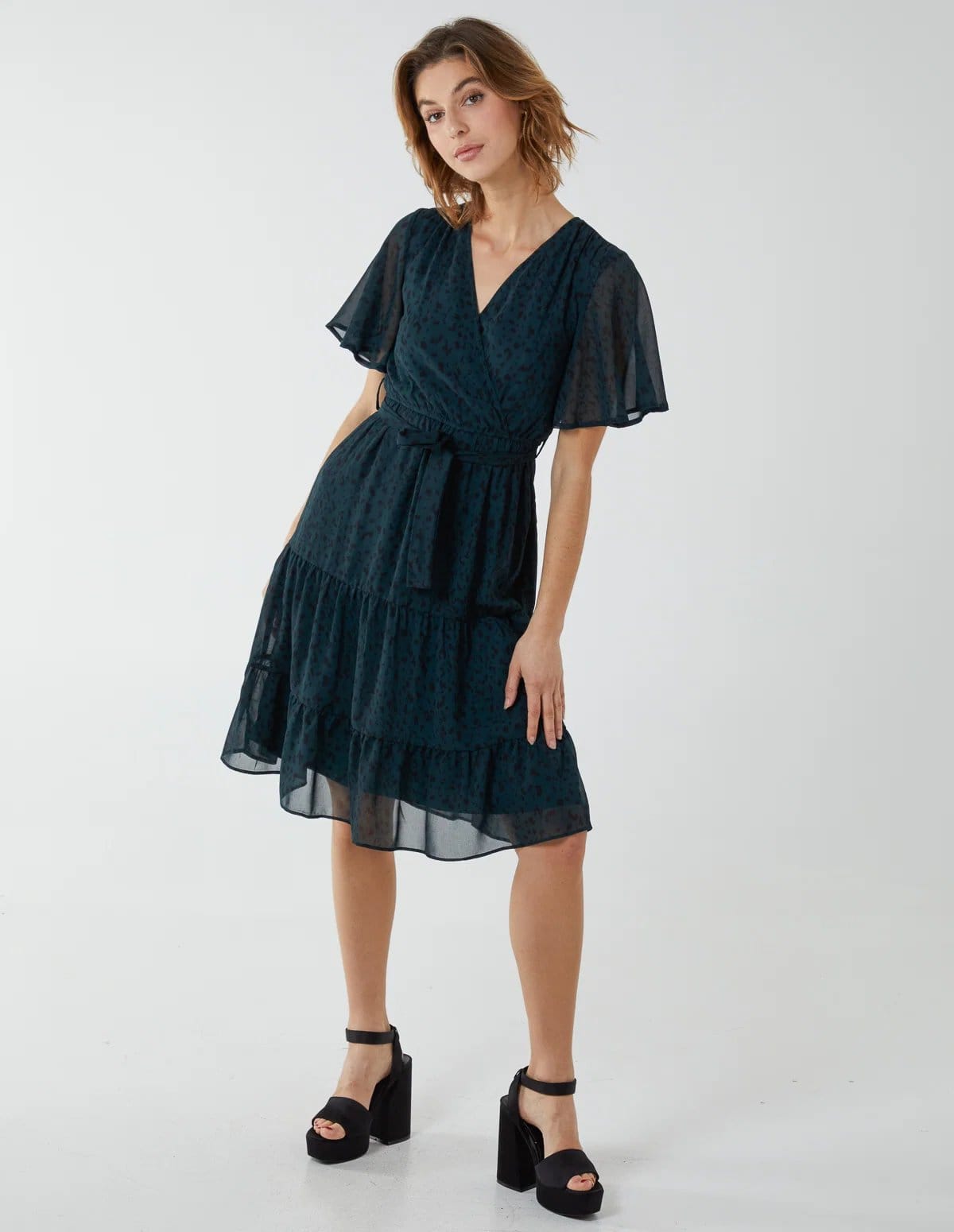 Blue Vanilla Flutter Sleeve Leopard Wrap Front Belted Dress - 4