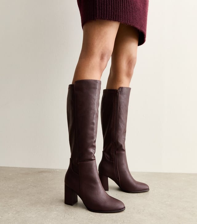 New Look Women's Wide Fit Burgundy Faux Leather Block Heel Boots Vegan New Look - 2