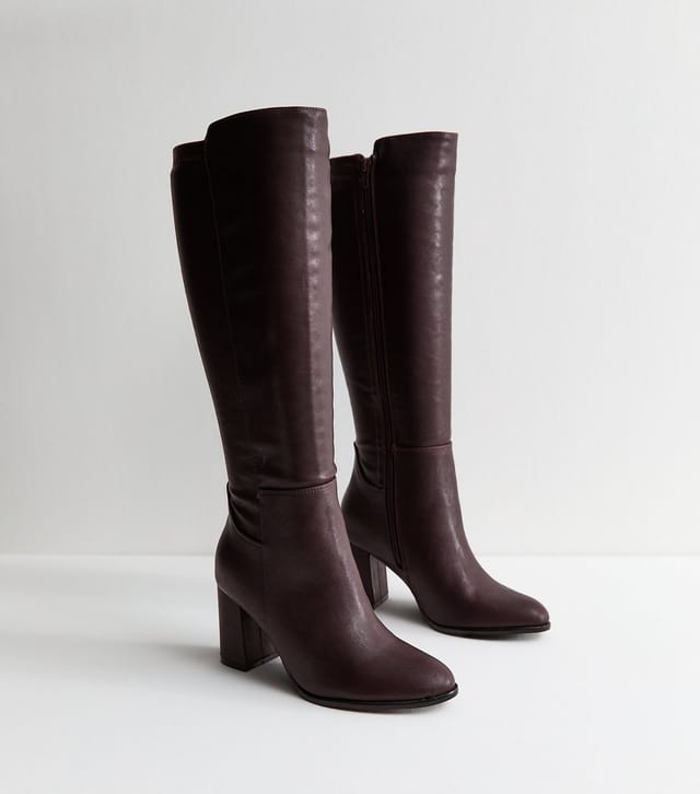 New Look Women's Wide Fit Burgundy Faux Leather Block Heel Boots Vegan New Look - 3