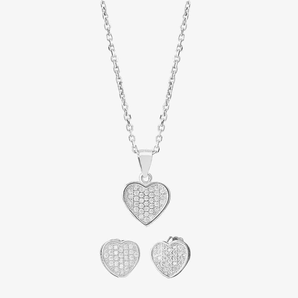 T.H.Baker T.H.Baker Women's Silver Pave Heart Pendant & Studs Set E611718+P611854