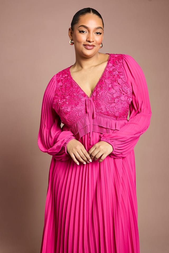 Coast Coast Women's Plus Lace Insert Long Sleeve Pleat Dress in Magenta - 2