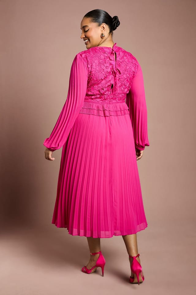 Coast Coast Women's Plus Lace Insert Long Sleeve Pleat Dress in Magenta - 3