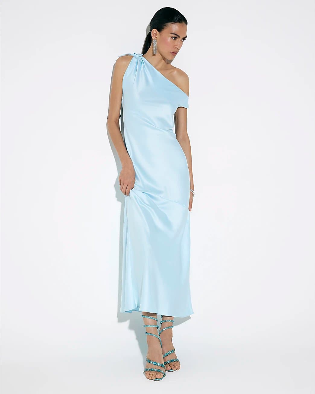 River Island River Island Womens Blue Satin One Shoulder Maxi Dress