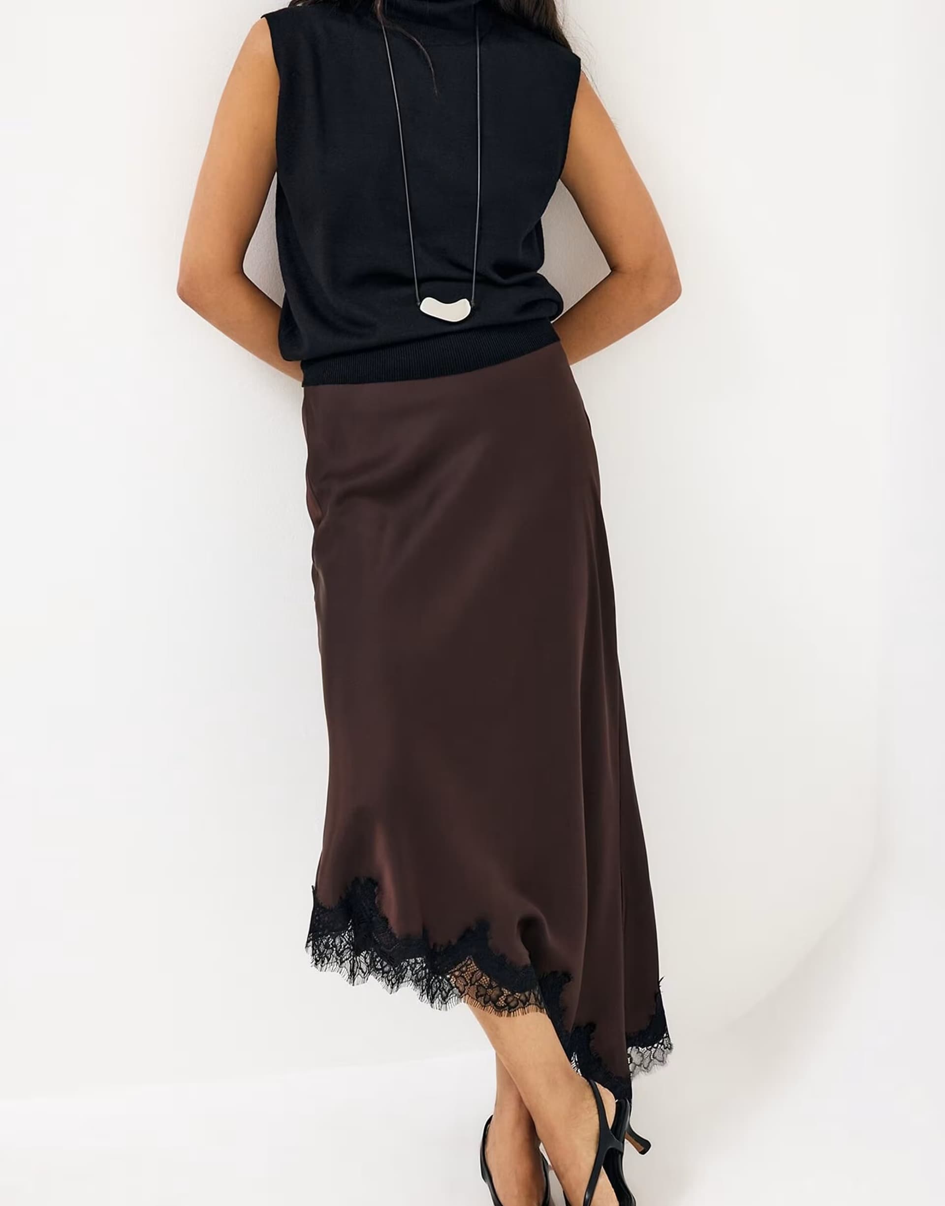 ASOS NA-KD Asymmetric satin lace midi skirt in brown