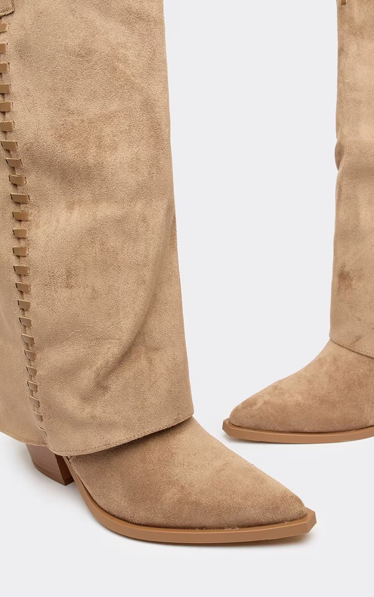 EGO Ramona Woven Layered Detail Western Cowboy Boot In Taupe Faux Suede., Women's Size UK 3