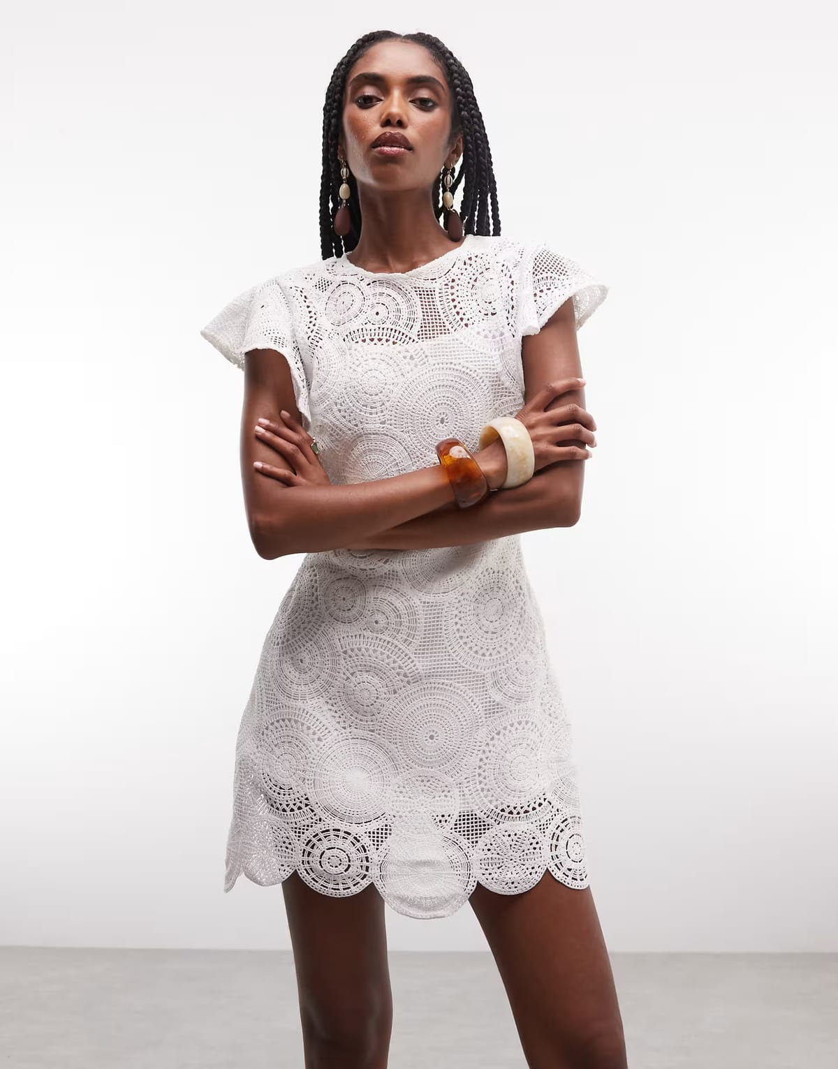 ASOS ASOS DESIGN crochet flutter sleeve mini dress in ivory - 1