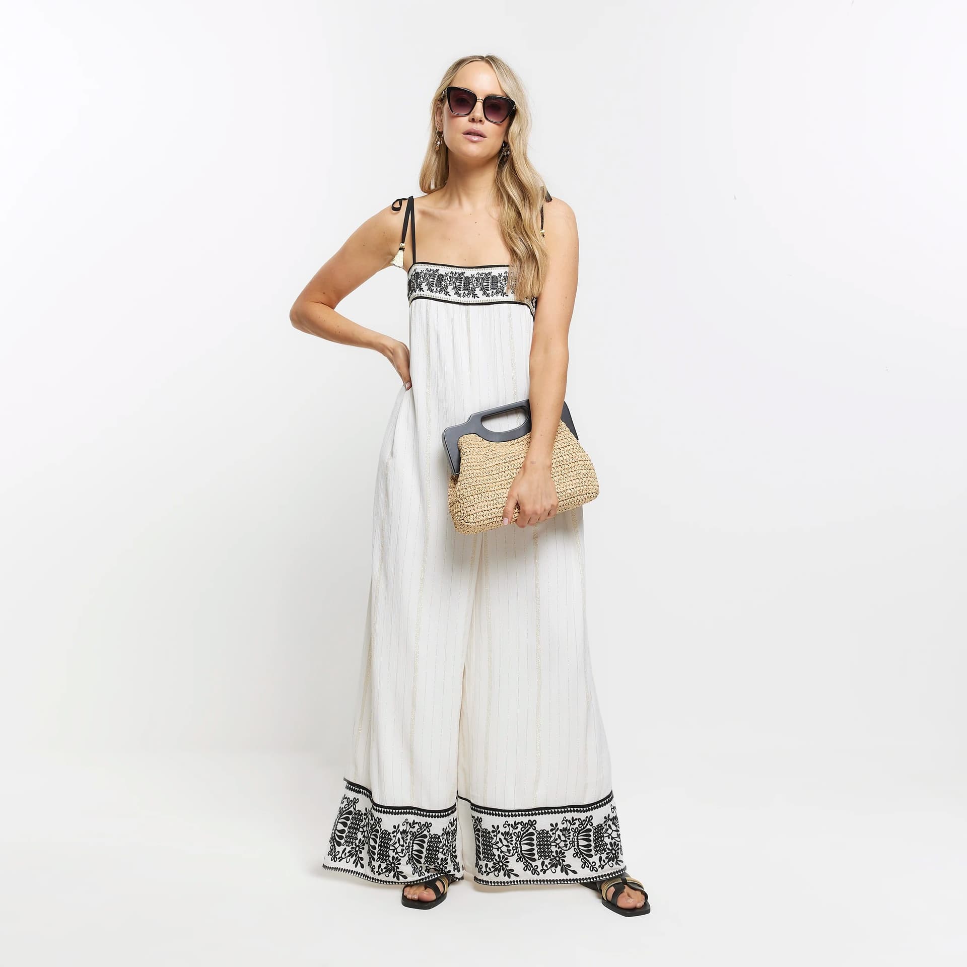 River Island River Island Womens Cream Embroidered Bandeau Jumpsuit