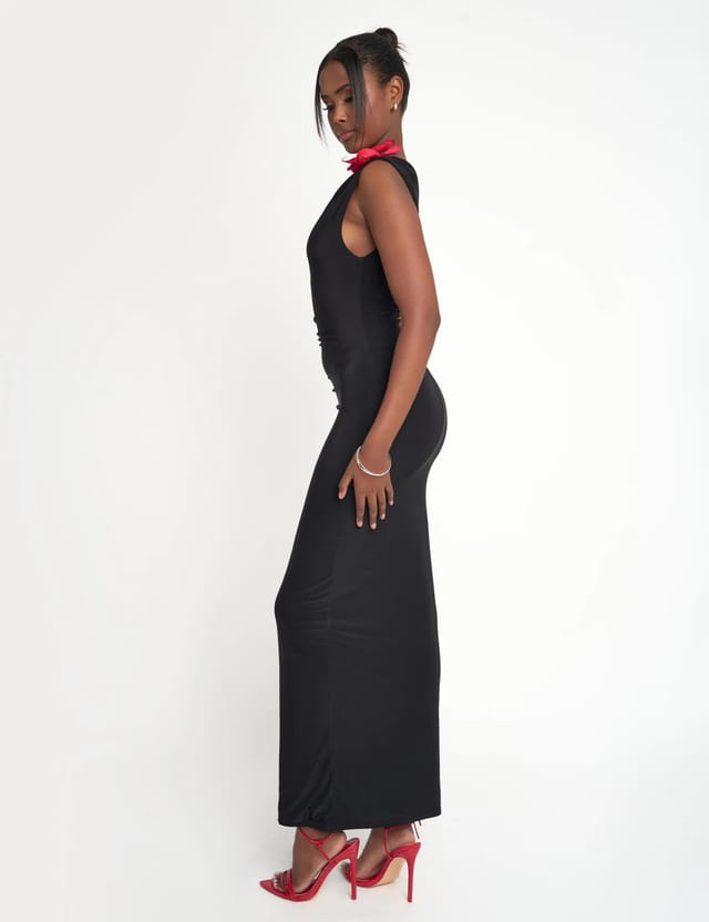 Public Desire Flower Trim Dropped Shoulder Luxe Slinky Maxi Dress Black - 2