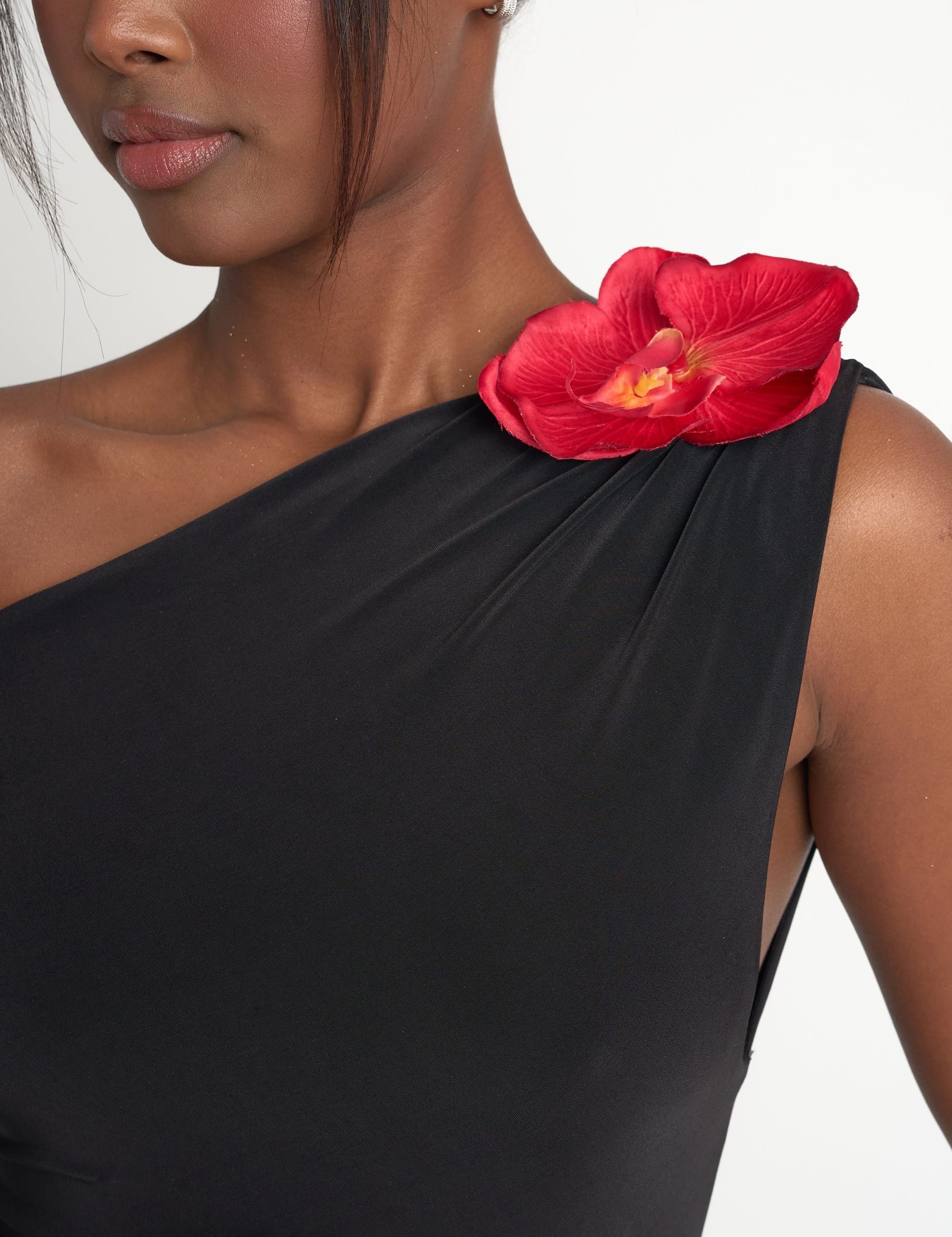Public Desire Flower Trim Dropped Shoulder Luxe Slinky Maxi Dress Black - 4