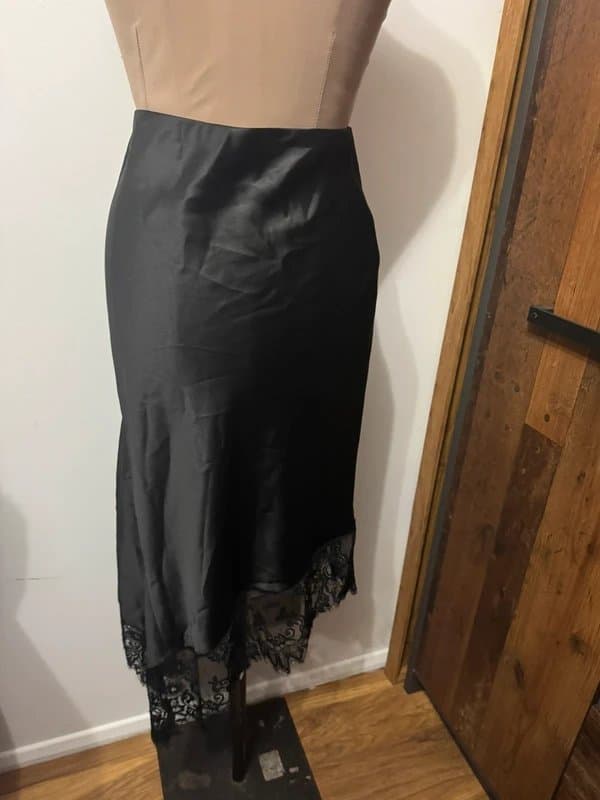 ASOS Design satin asymmetric lace trim midi skirt in black silky elastic waist clean timeless size 10