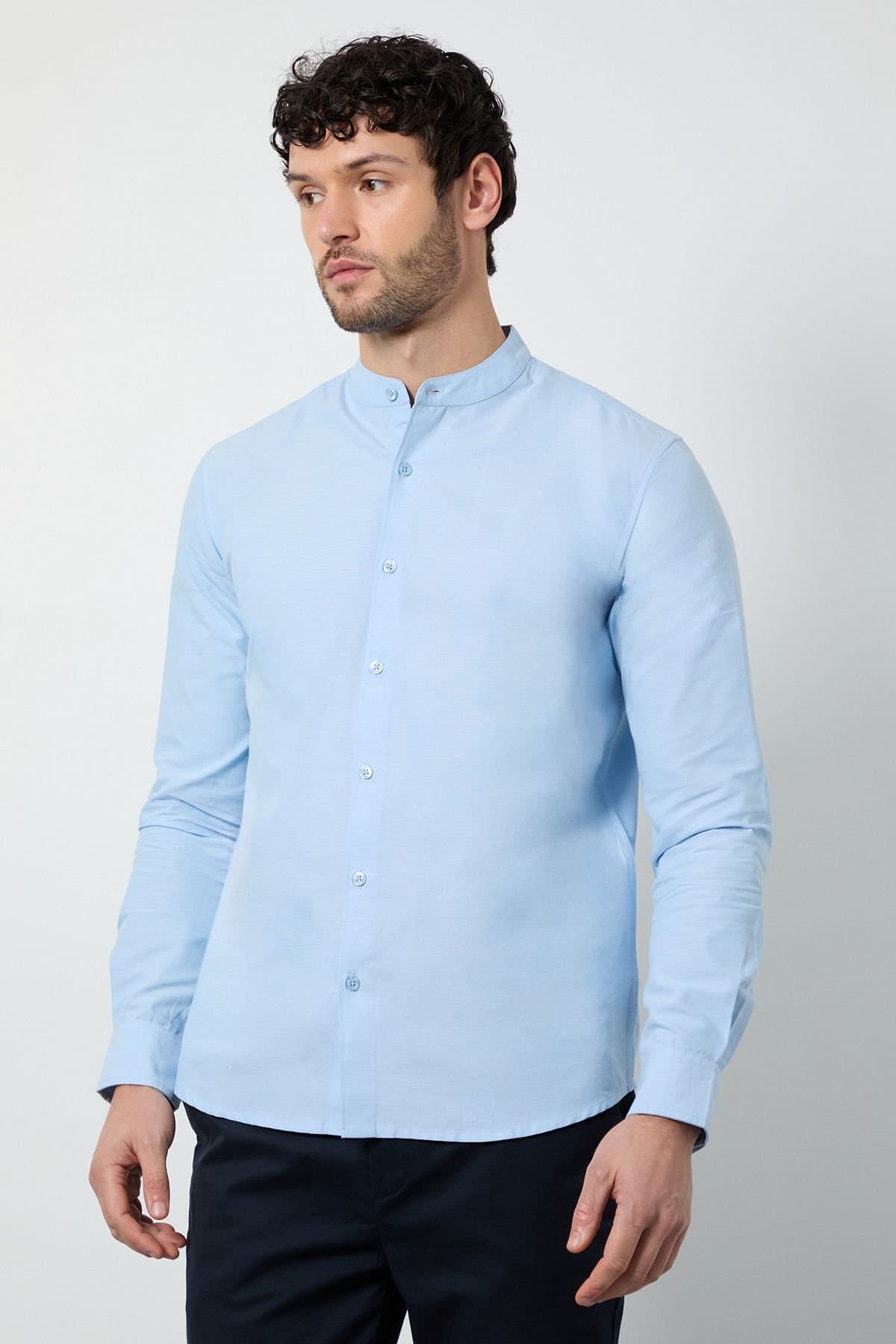 Burton Burton Men's Light Blue Oxford Grandad Long Sleeve Shirt