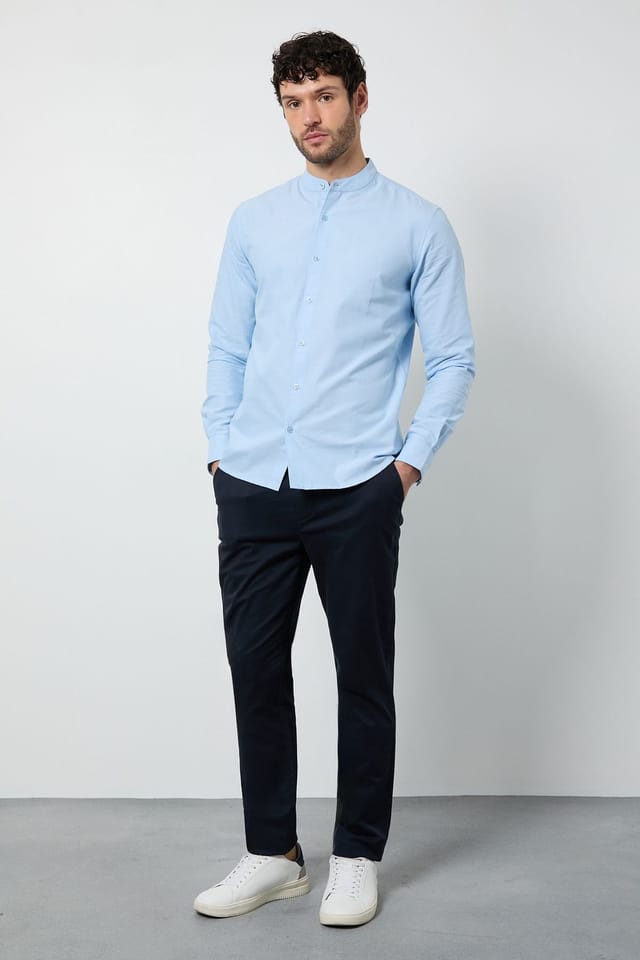 Burton Burton Men's Light Blue Oxford Grandad Long Sleeve Shirt - 2