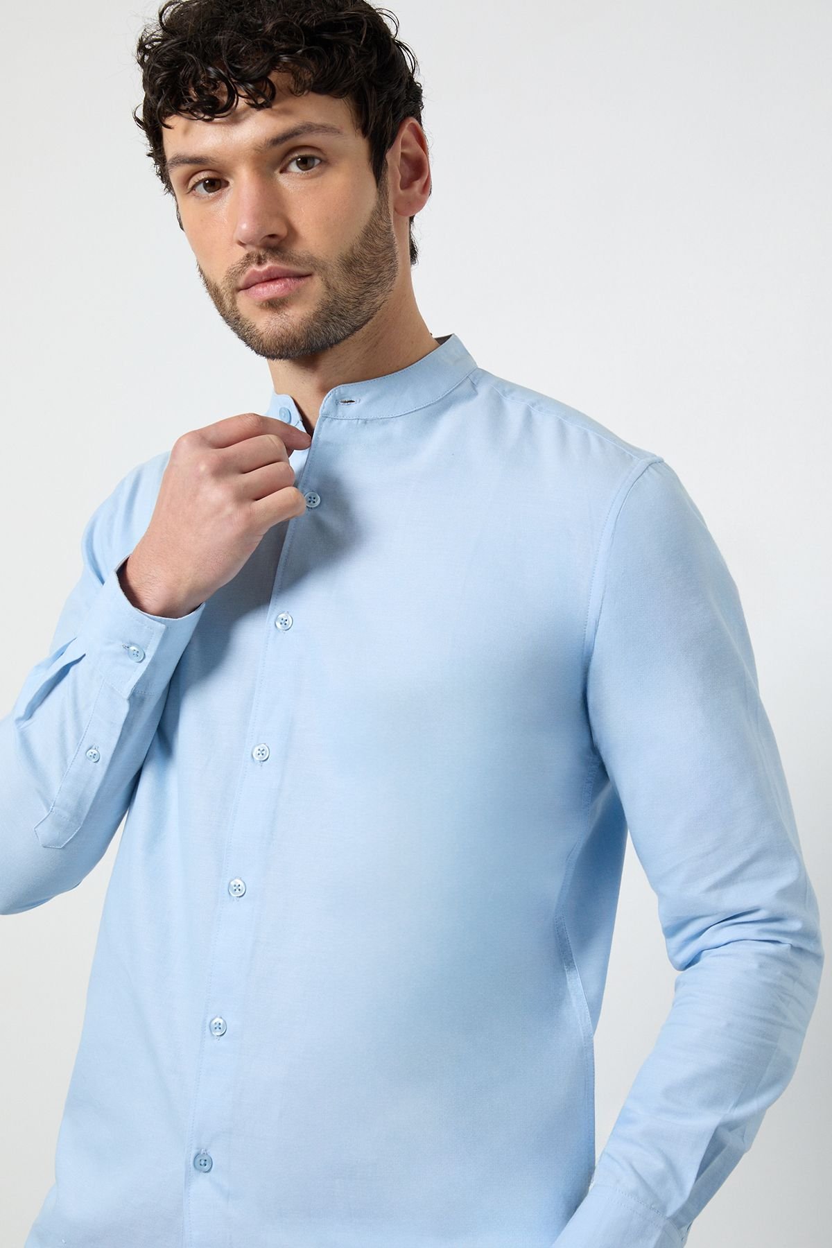 Burton Burton Men's Light Blue Oxford Grandad Long Sleeve Shirt - 4