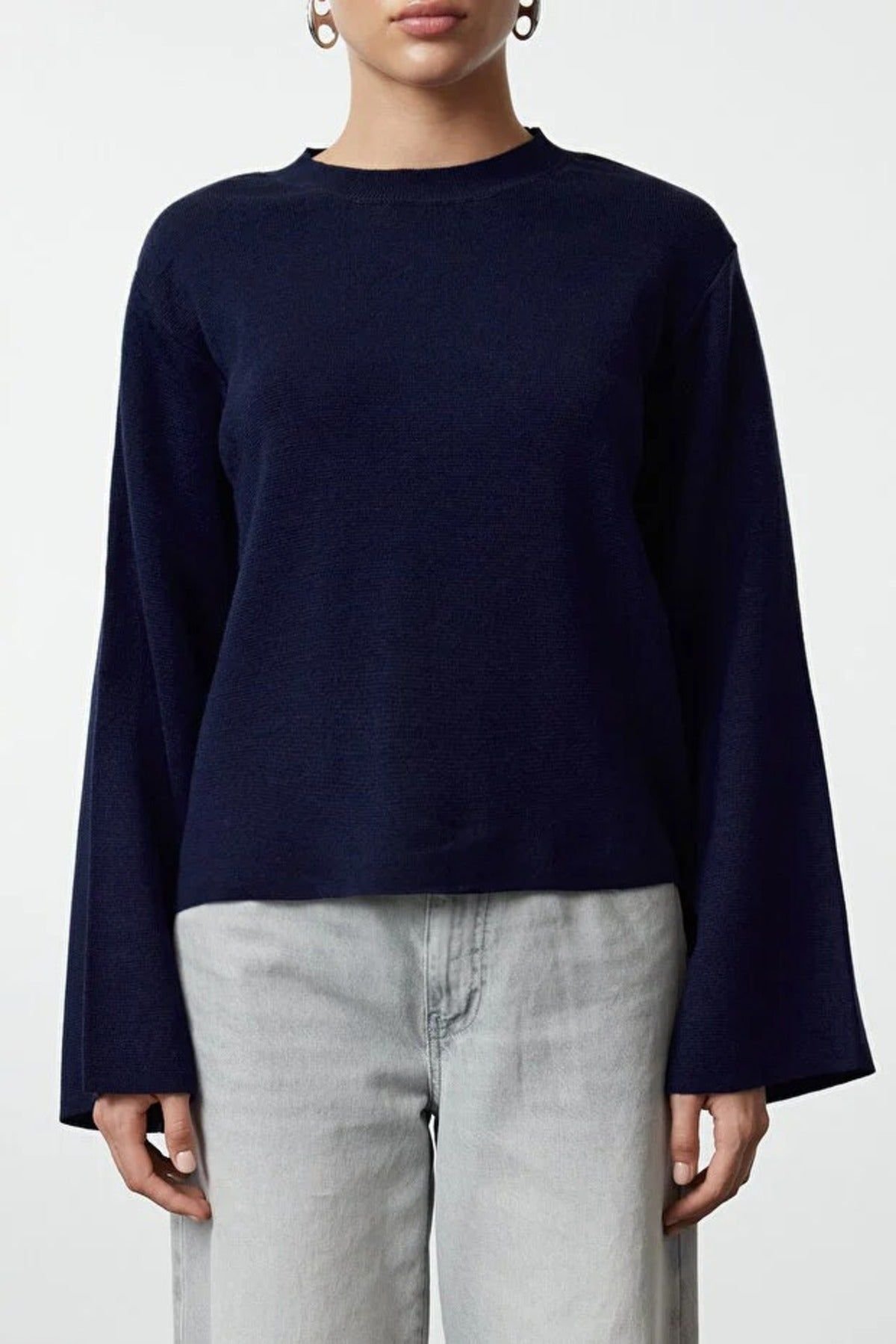 WOVCOR WOVCOR Women's Crew Neck Flared Sleeve Knit Sweater in Navy - 2