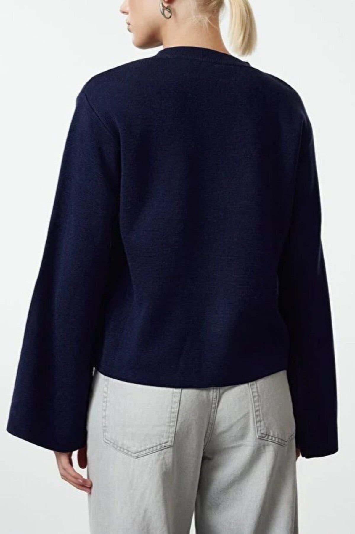 WOVCOR WOVCOR Women's Crew Neck Flared Sleeve Knit Sweater in Navy - 3