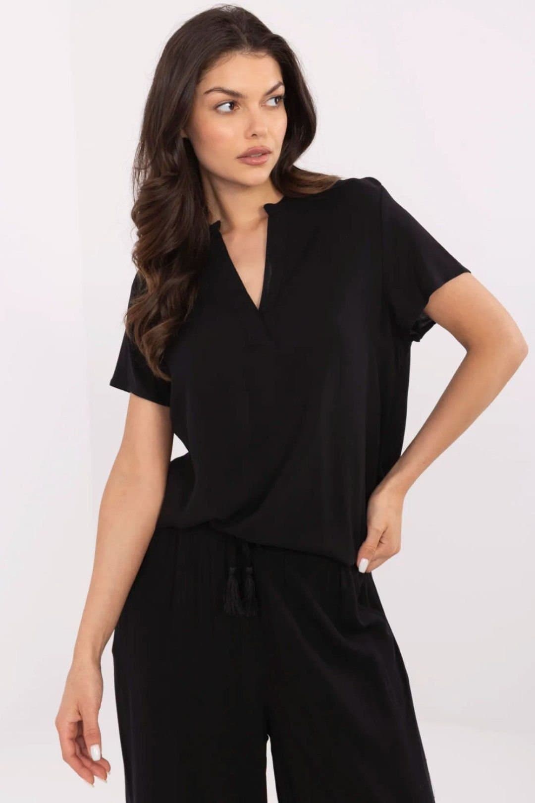 Love Lace Love Lace Women's Universal V Neck Short Sleeve Blouse Style 211843 in Black