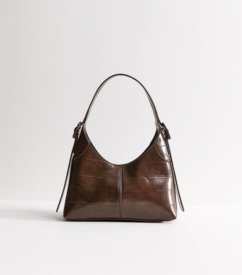 New Look Dark Brown Faux Leather Crocodile Embossed Buckle Shoulder Bag New Look - 1