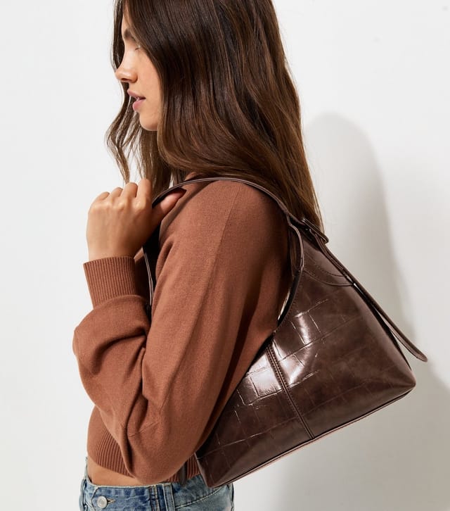 New Look Dark Brown Faux Leather Crocodile Embossed Buckle Shoulder Bag New Look - 2