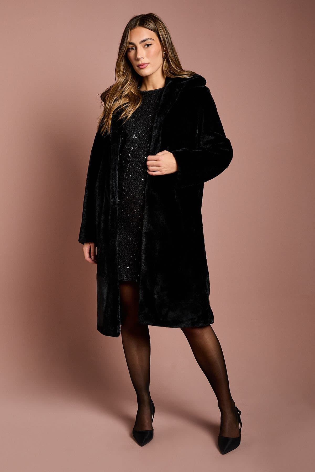 Coast Coast Women's Black Faux Fur Longline Collared Coat
