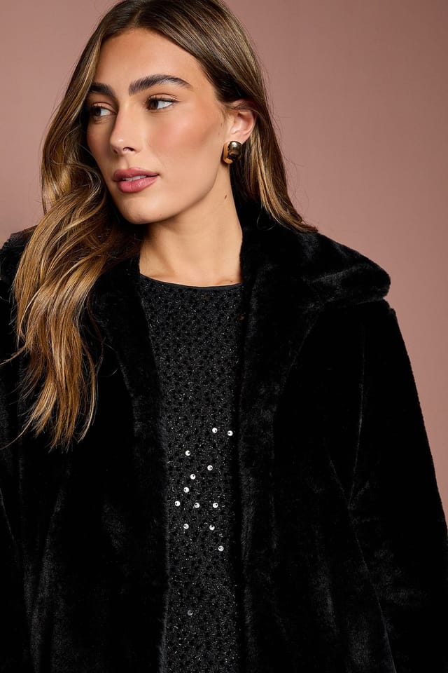 Coast Coast Women's Black Faux Fur Longline Collared Coat - 3