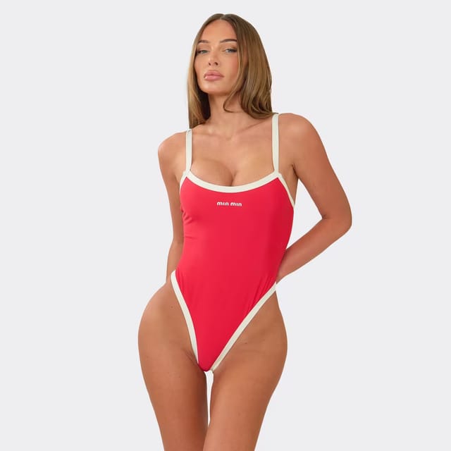 EGO Contrast Trim Logo Detail Swimsuit In Red, Women's Size UK 6 - 2