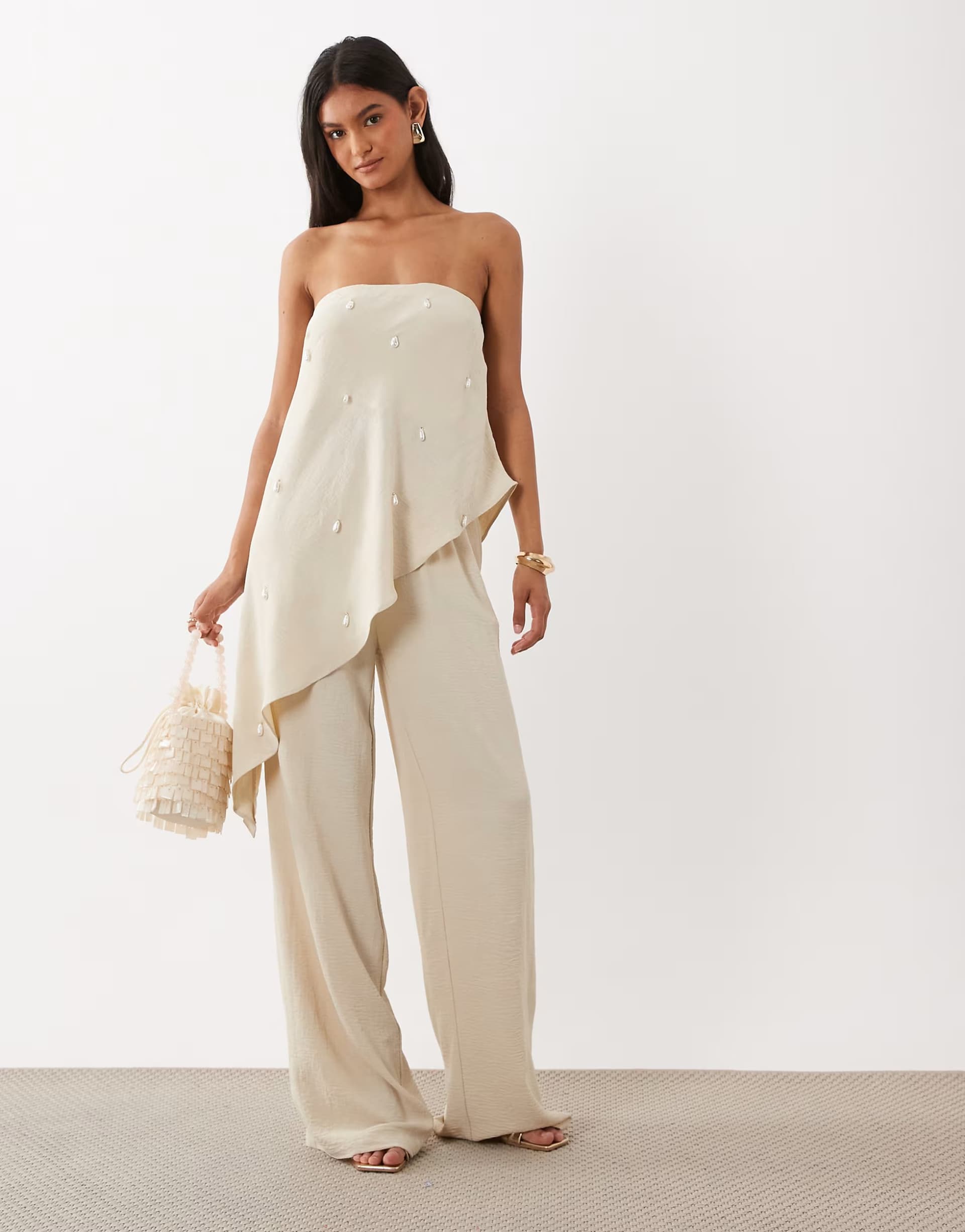ASOS Six Stories embellished asymmetric hem top and high waisted flowy trousers co-ord in stone