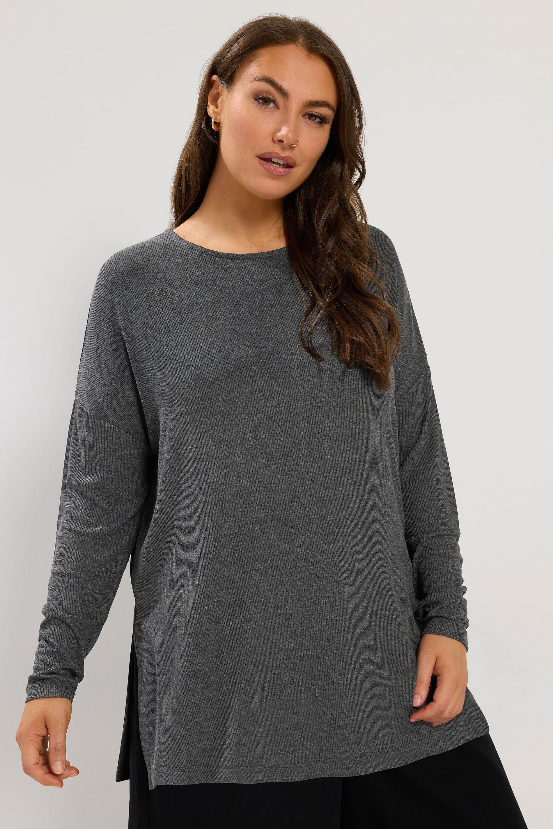 Yours Plus Size Charcoal Grey Ribbed Drop Shoulder Top