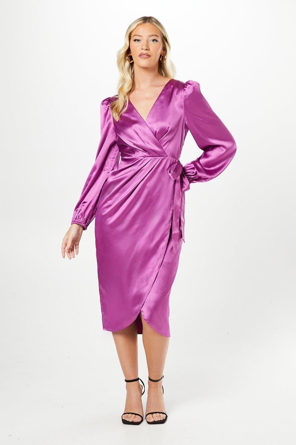 Debut London Debut London Women's By Coast Satin Long Sleeve Wrap Midi Dress in Orchid