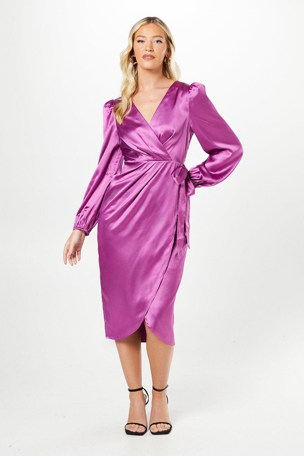 Debut London Debut London Women's By Coast Satin Long Sleeve Wrap Midi Dress in Orchid - 2