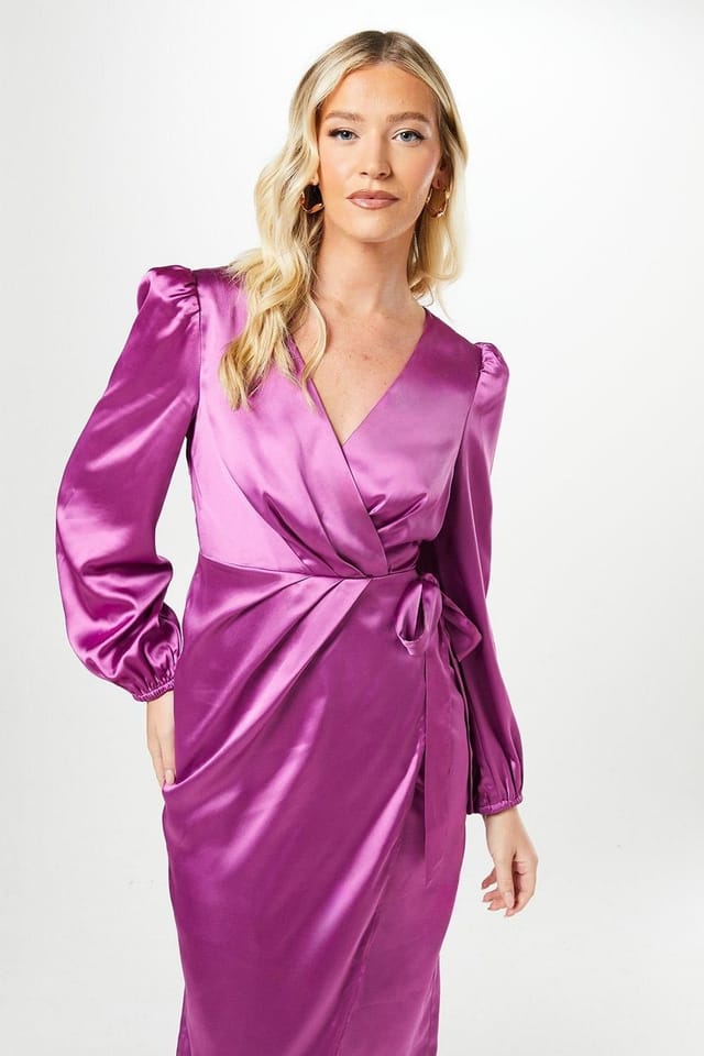 Debut London Debut London Women's By Coast Satin Long Sleeve Wrap Midi Dress in Orchid - 2