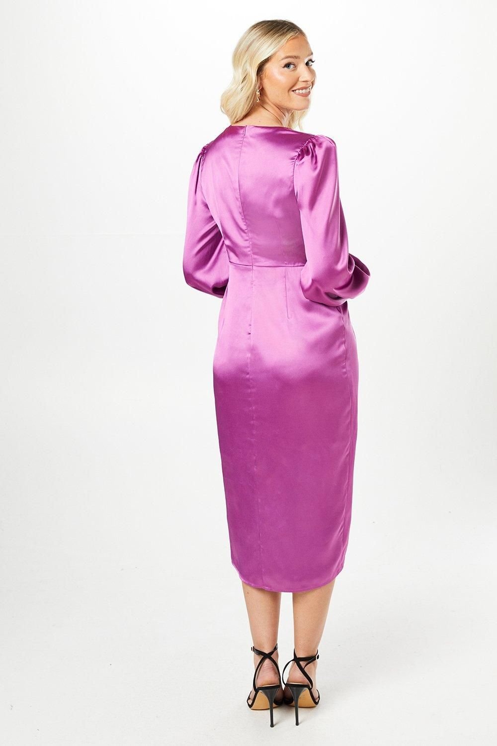 Debut London Debut London Women's By Coast Satin Long Sleeve Wrap Midi Dress in Orchid - 3