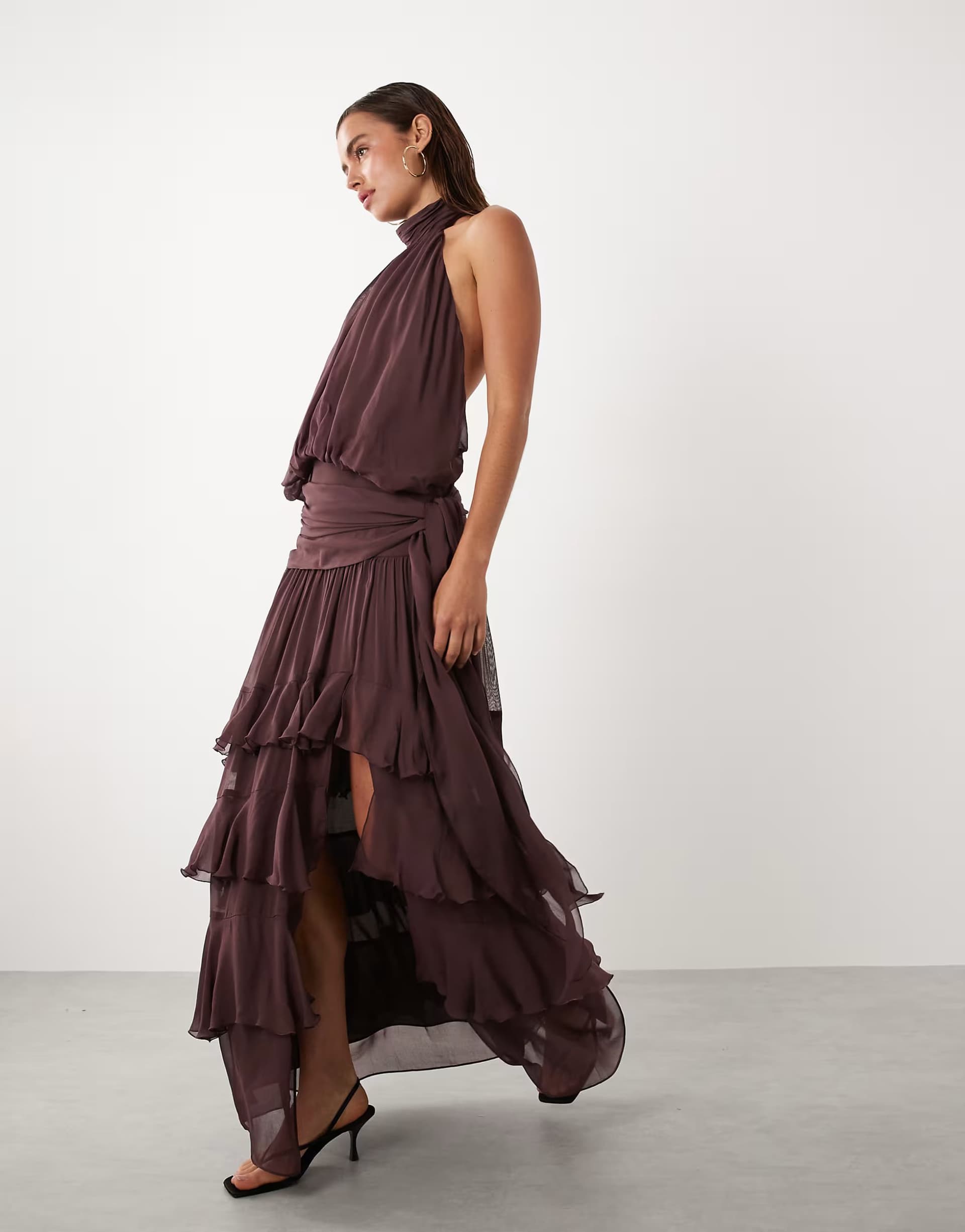 ASOS Mango high neck backless ruffle maxi dress in brown