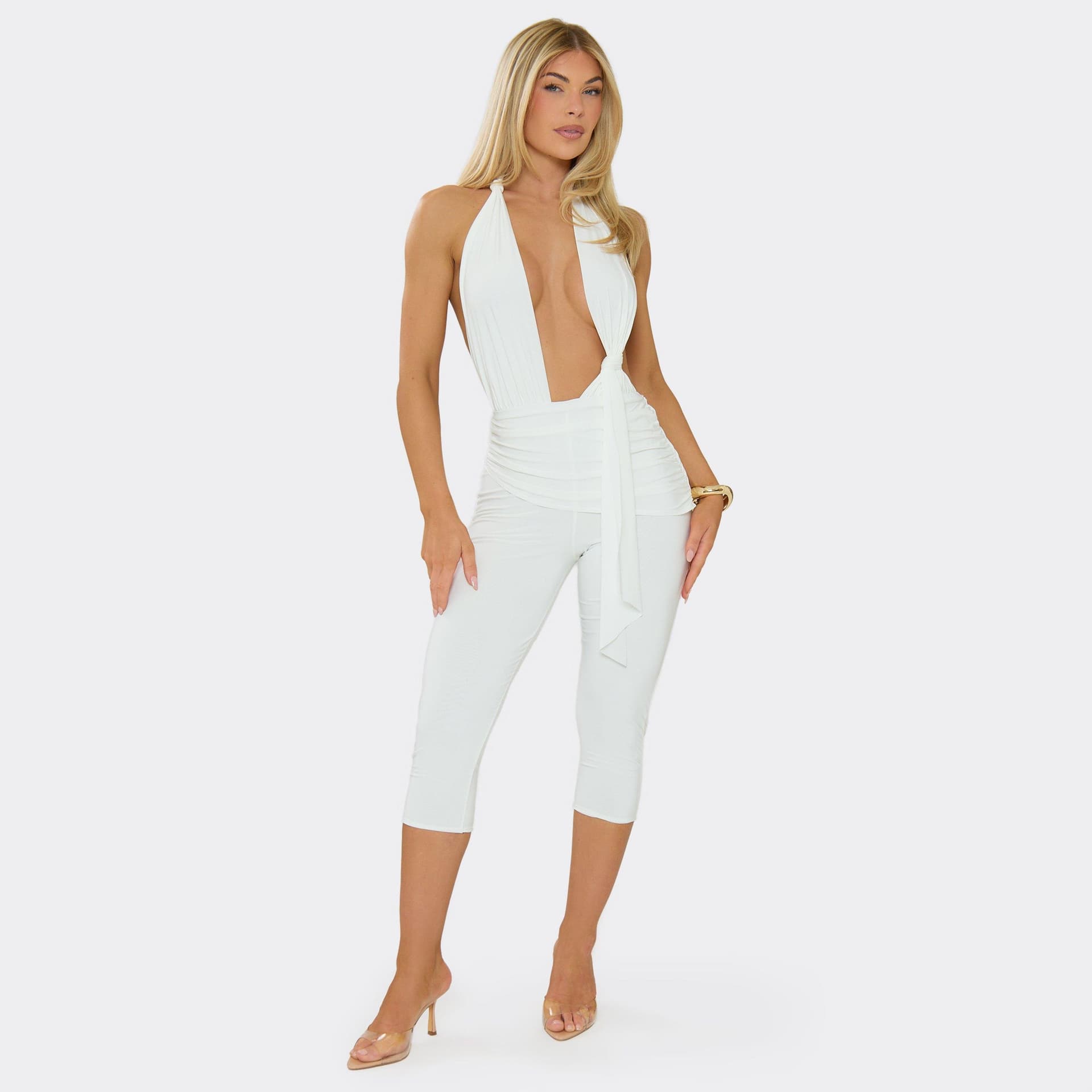 EGO Halterneck Plunge Front Knot Detail Ruched Waist Jumpsuit In White, Women's Size UK 4