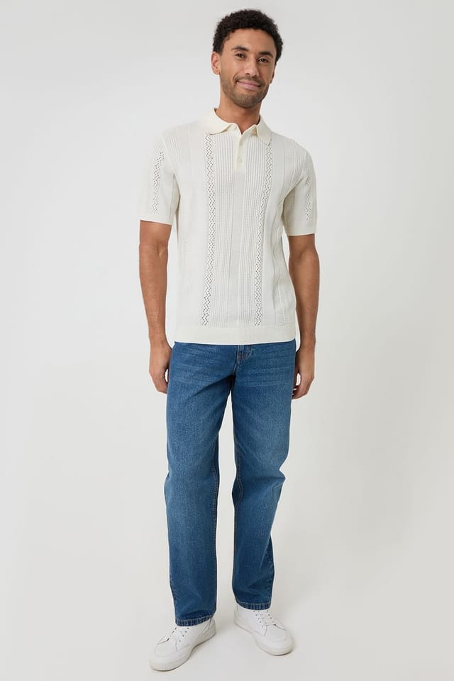 Threadbare Threadbare Men's Cotton Textured Stripe Knitted Polo in Natural - 3