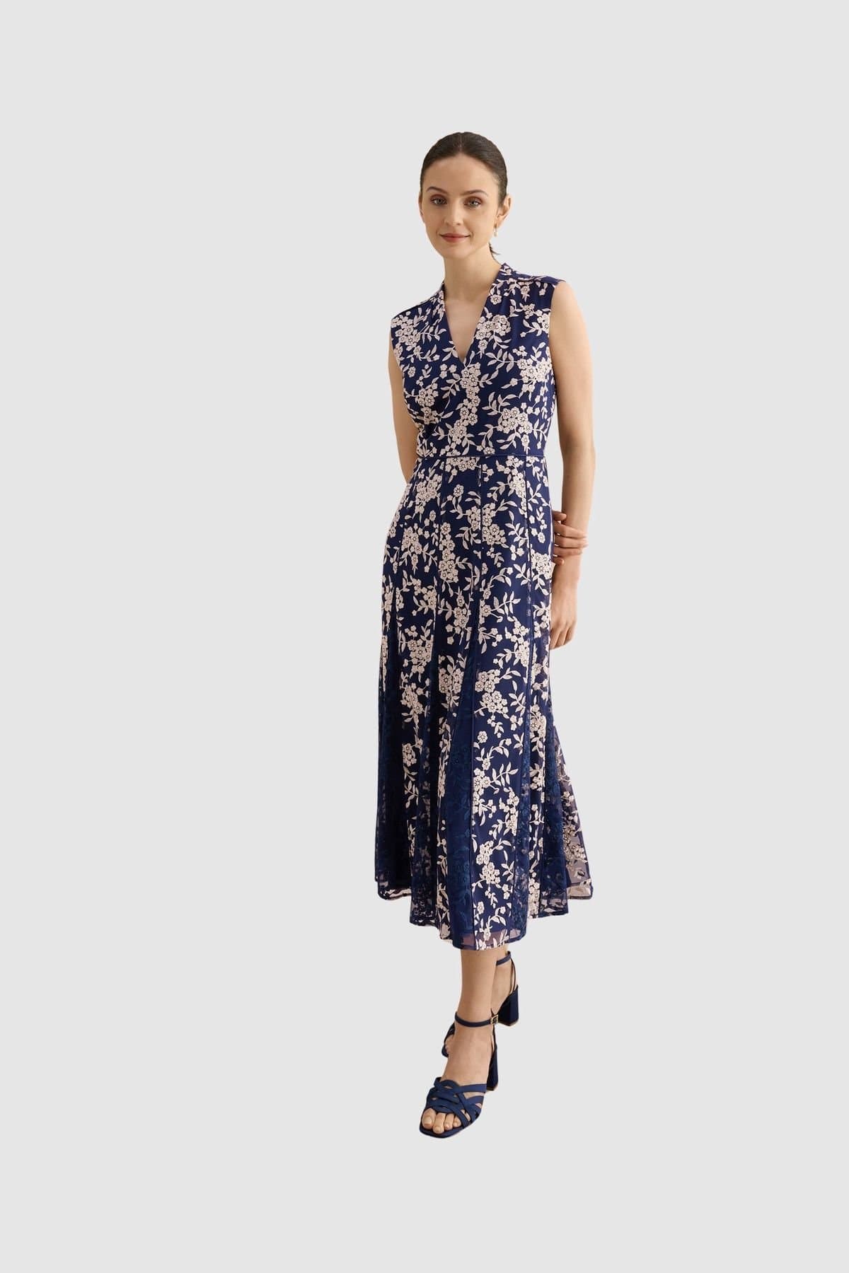 Hobbs London Hobbs London Women's Quin Sleeveless V-Neck Embroidered Dress in Dark Navy