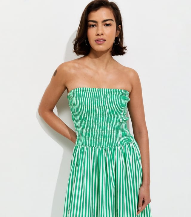 New Look Women's Green Striped Shirred Bandeau Dress New Look - 3