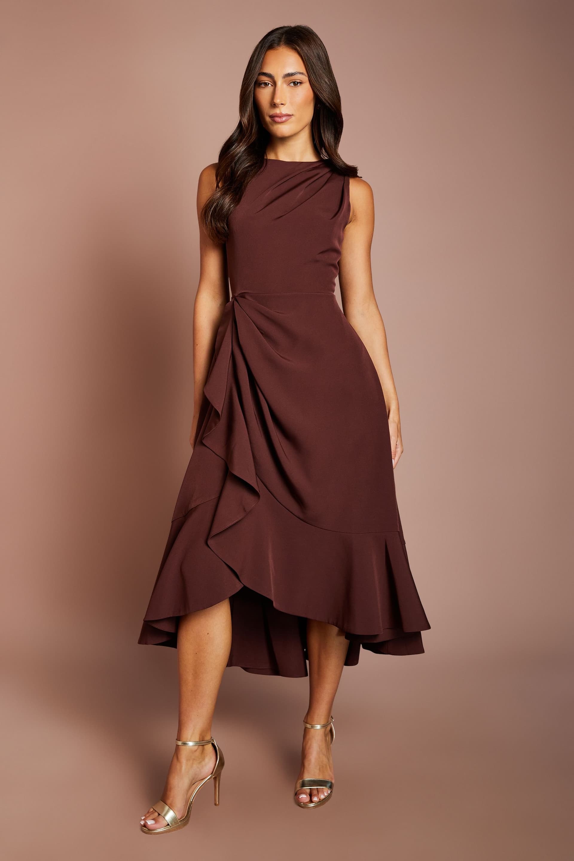 Coast Coast Women's Crepe Ruffle Dress With Low Back in Chocolate