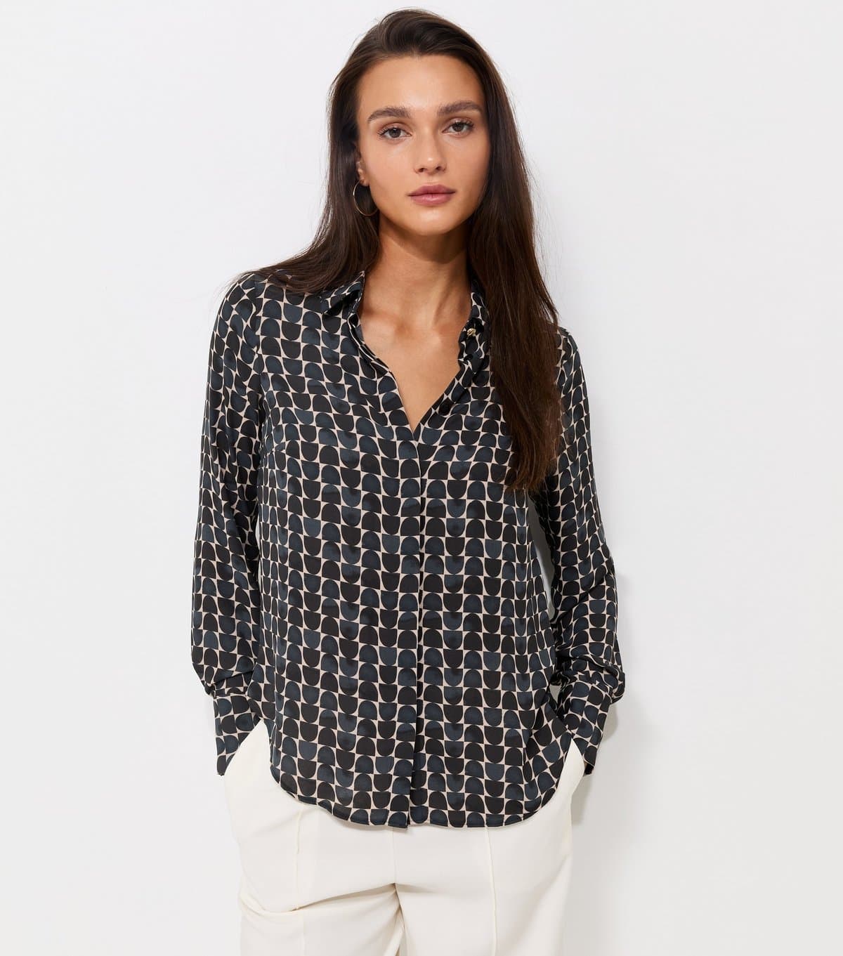 New Look Women's Blue Geometric Print Long Sleeve Shirt New Look