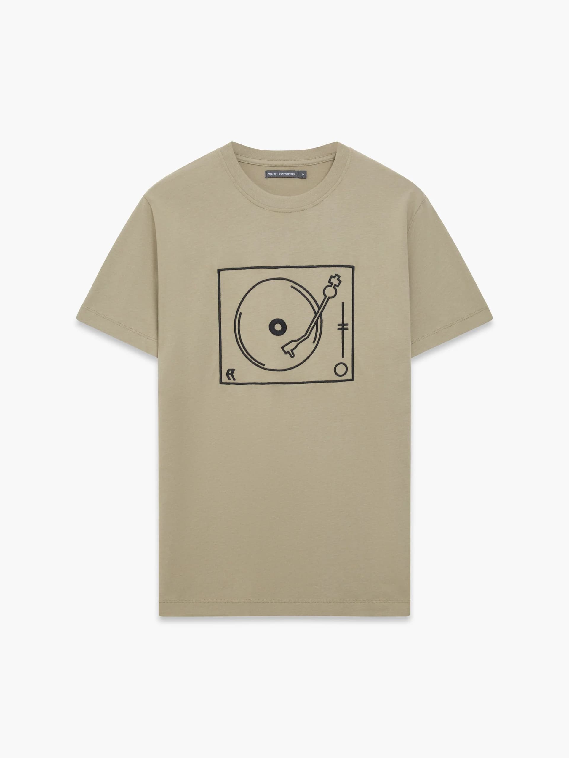 French Connection Short Sleeve Turntable Embroidered Graphic T-Shirt Light Khaki/black