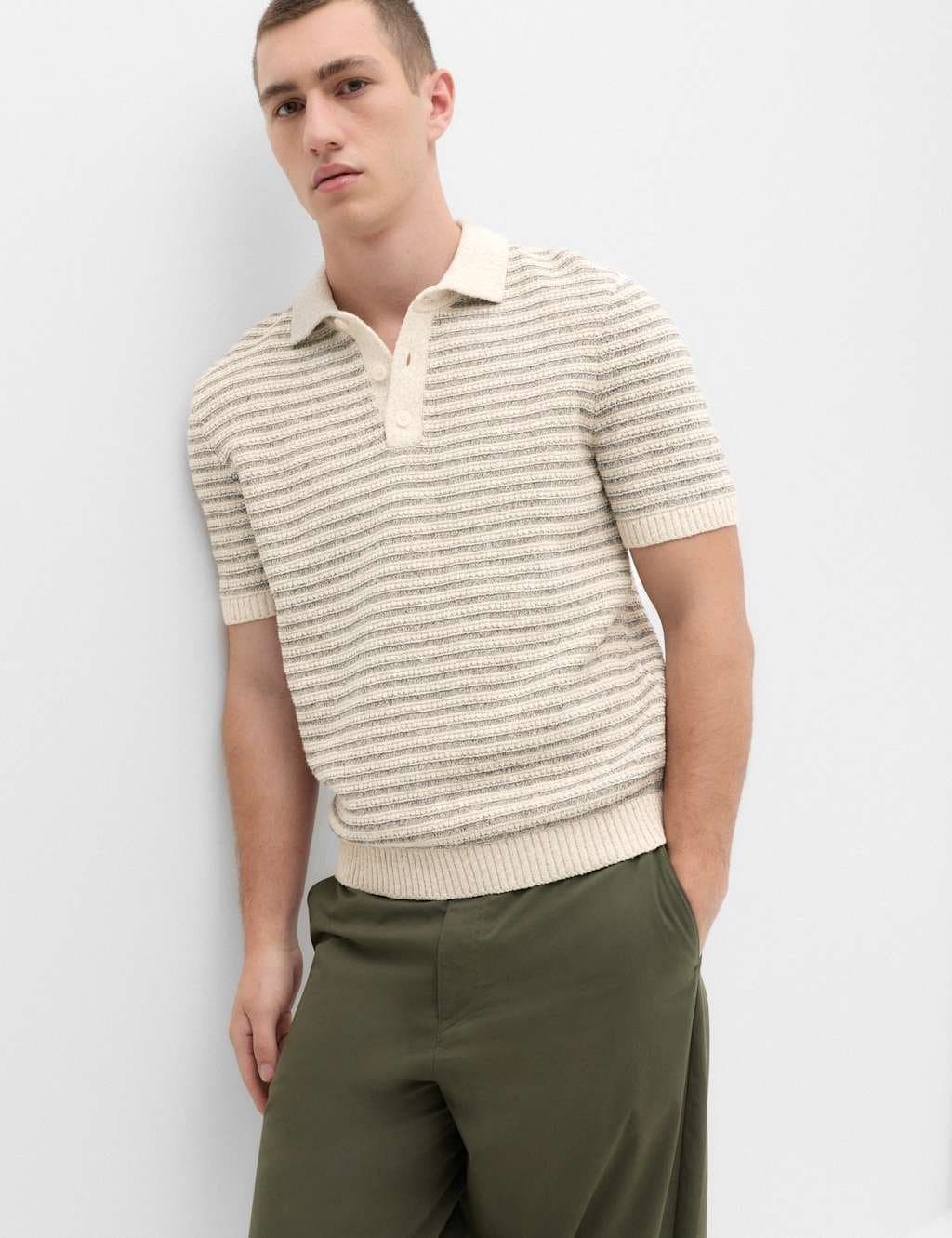 Marks & Spencer M&S Cotton Rich Textured Knitted Polo Shirt Neutral