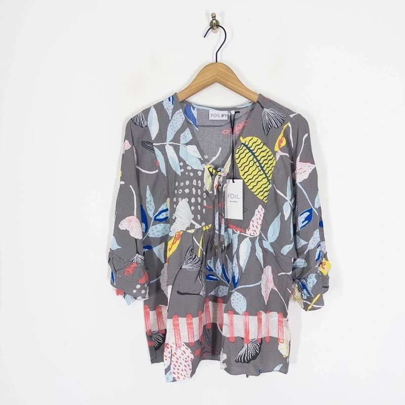 foil Foil Clothing Grey Floral Peasant Top Size 10 NEW RRP £115 Boho Blouse