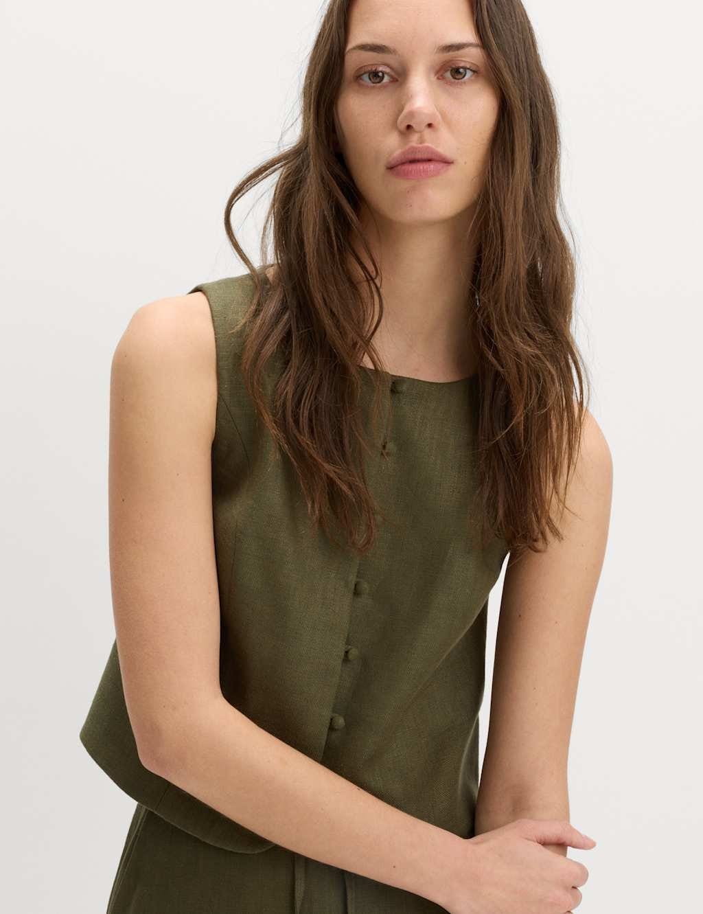 Marks & Spencer M&S Linen Rich Twill Button Through Waistcoat Hunter Green - 1