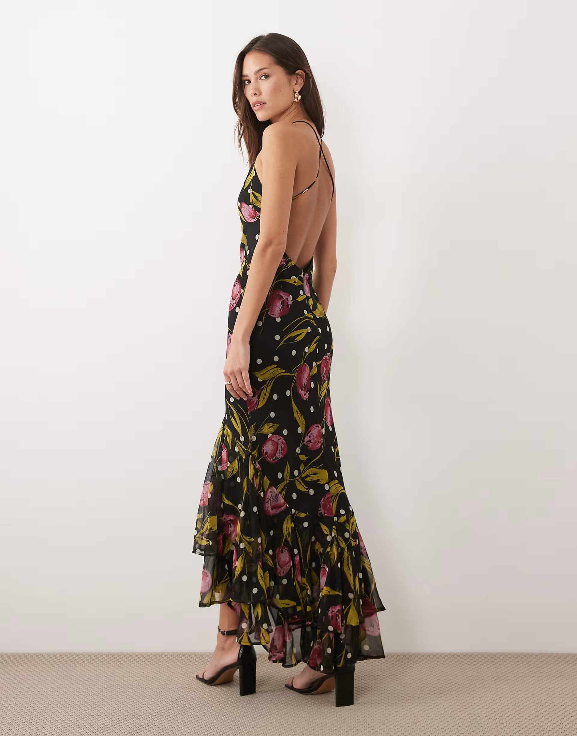 ASOS ASOS DESIGN strappy fishtail skirt ruffle maxi dress in dark floral print