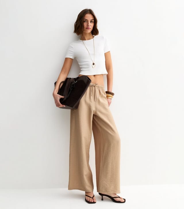 New Look Women's Stone Crinkled Wide Leg Drawstring Trousers New Look - 2