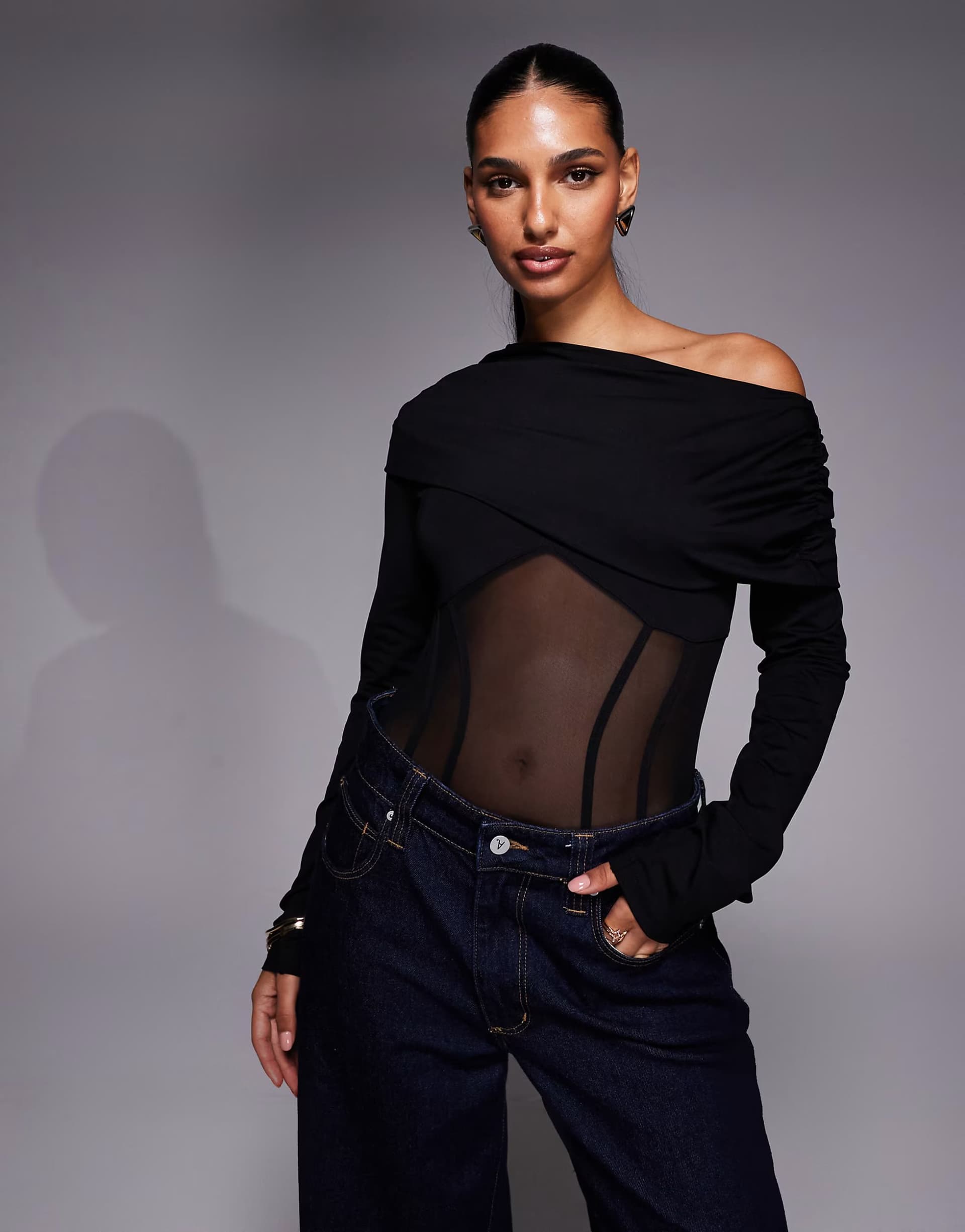 ASOS ASOS DESIGN long sleeve wrap over corset bodysuit in black