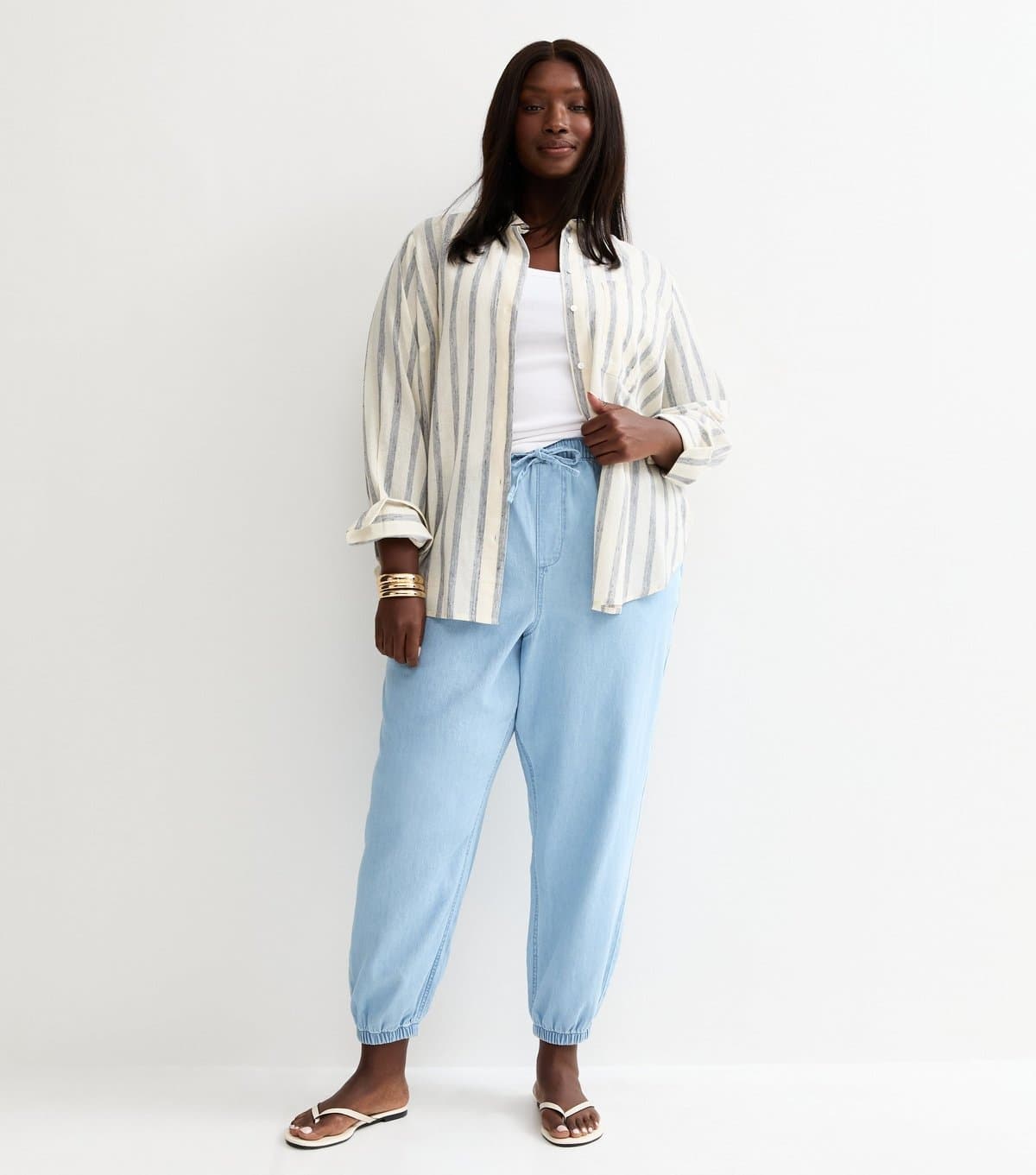 New Look Women's Plus Size Light Blue Chambray Tapered Drawstring Trousers Curves New Look