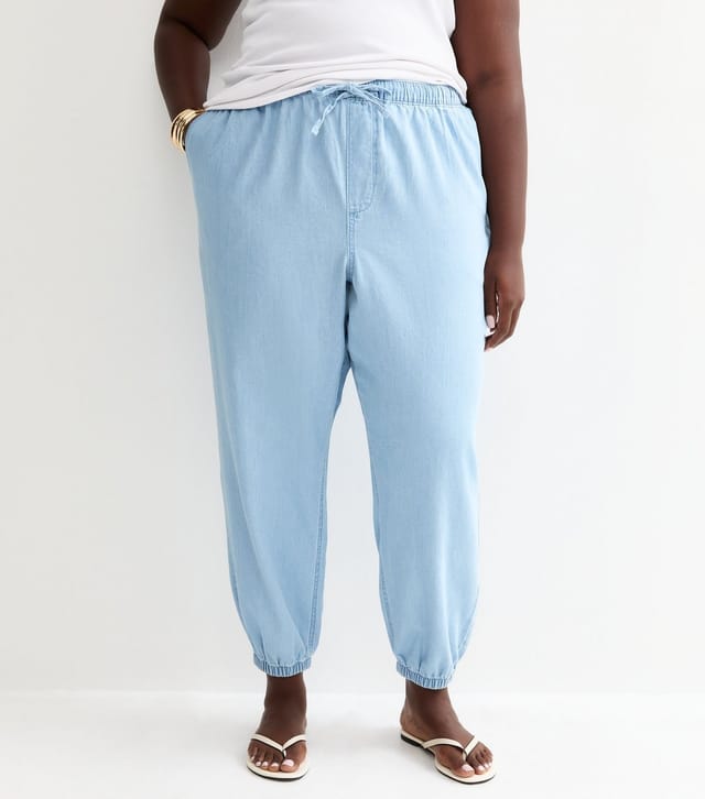New Look Women's Plus Size Light Blue Chambray Tapered Drawstring Trousers Curves New Look - 2